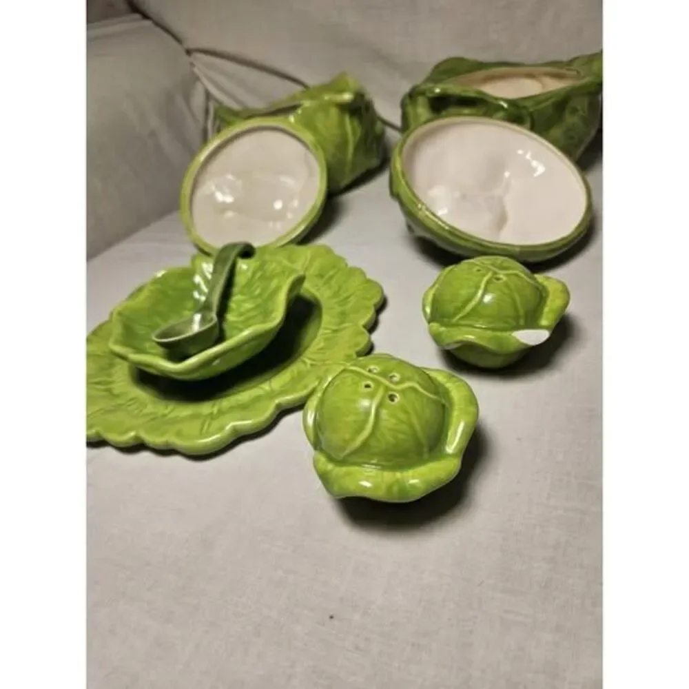 Vintage 1956 Holland Mold 9 Peice Green Cabbage Lettuce Ware Set 2 Tureen Spoon
